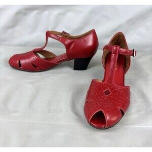 Remix Classics Red Leather T-Strap Heels Sz 6.5 Peep Toe Retro Rockabilly Swing